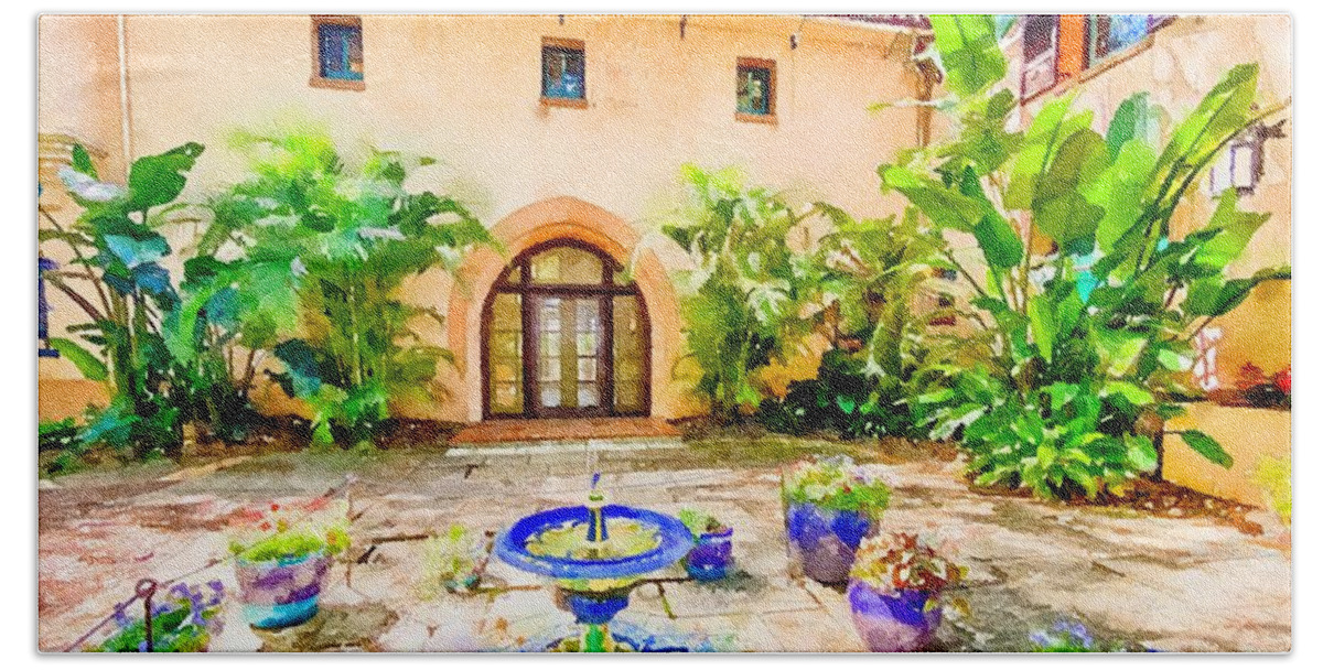 Home Beach Towel featuring the painting Mediterranean Revival Home Watercolor by Susan Rydberg