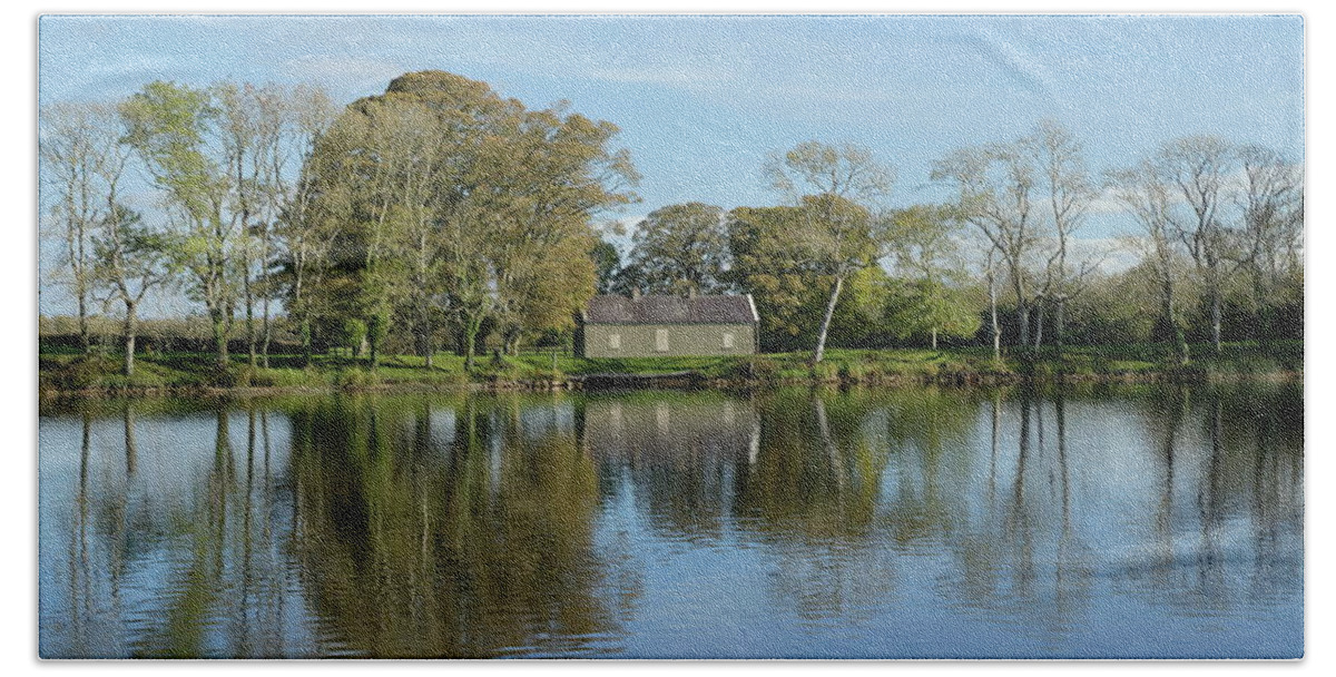 River Shannon Galway Reflections Water Trees Sky Photography Ireland Waterways Beach Towel featuring the photograph Meelick reflections by Peter Skelton