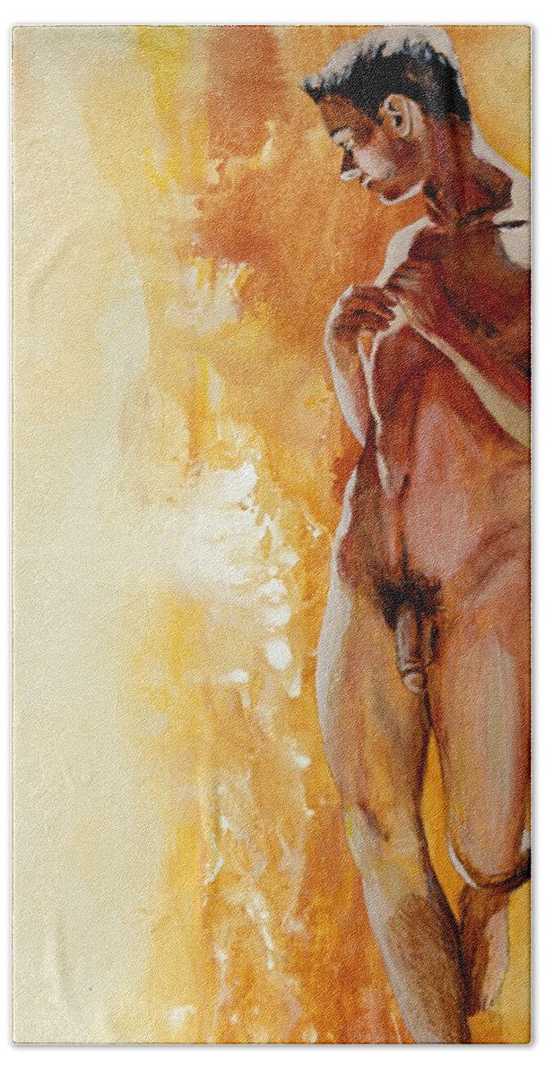 Male Nude Beach Sheet featuring the painting Melancholy Nude by Rene Capone
