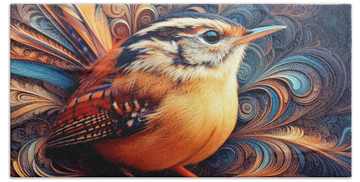 Carolina Wren Beach Towel featuring the photograph Melodious Feathered Enigma by Bill and Linda Tiepelman