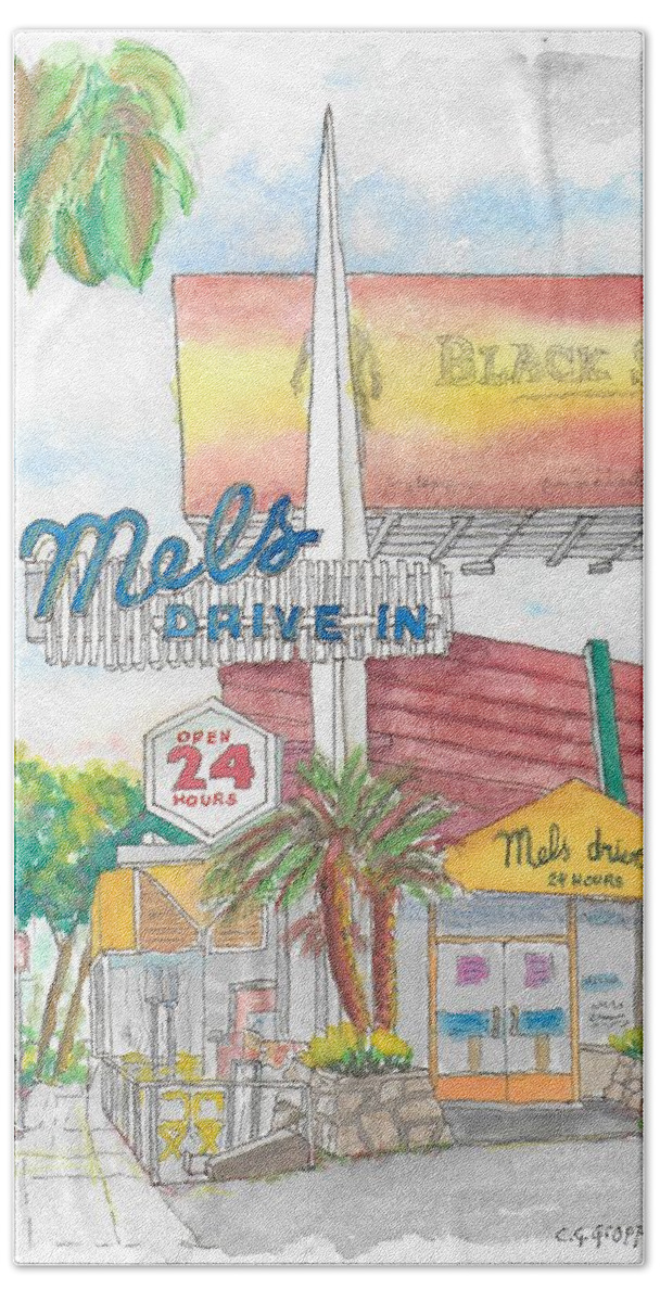 Mels Drive In Beach Towel featuring the painting Mels Drive In, Sunset Plaza, West Hollywood, CA by Carlos G Groppa