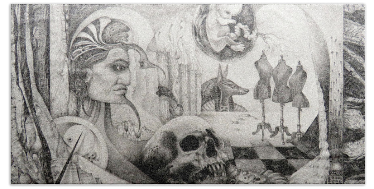 The Mystic Beach Sheet featuring the drawing Memento Mori by Otto Rapp