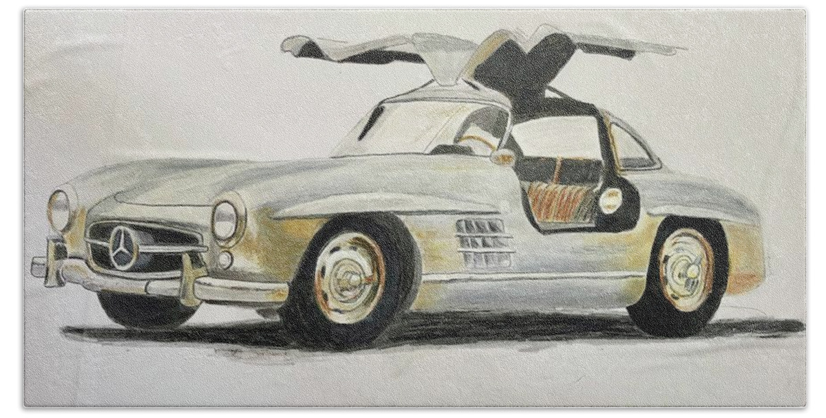 Mercedes Beach Towel featuring the pastel Mercedes Benz 300SL by Richard Le Page