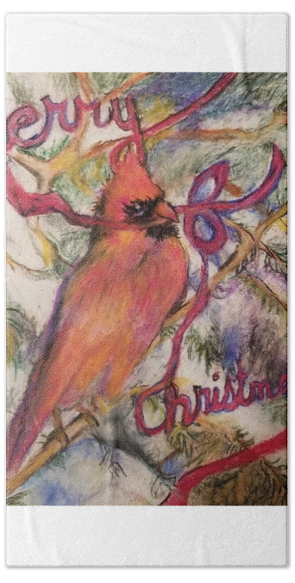 Christmas Card Beach Sheet featuring the painting Merry Christmas Cardinal by Cheryl LaBahn Simeone