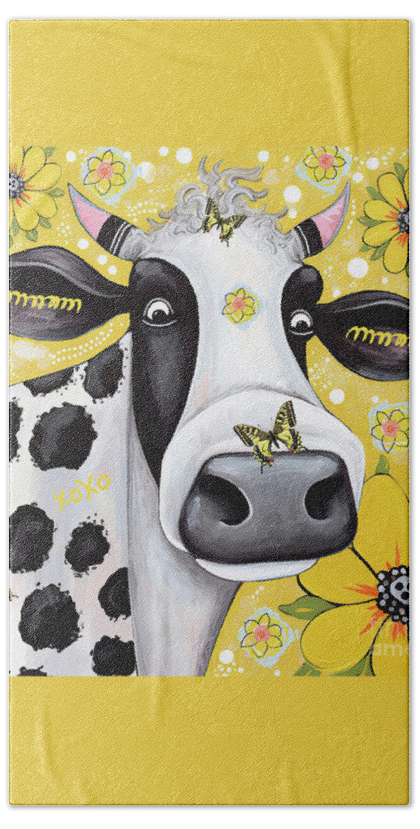 Black And White Cow Beach Towel featuring the painting Mesmerized By The Butterfly by Tina LeCour
