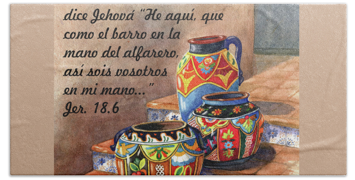 Bible Verse Beach Sheet featuring the painting Mexican Pottery With Bible Verse by Marilyn Smith