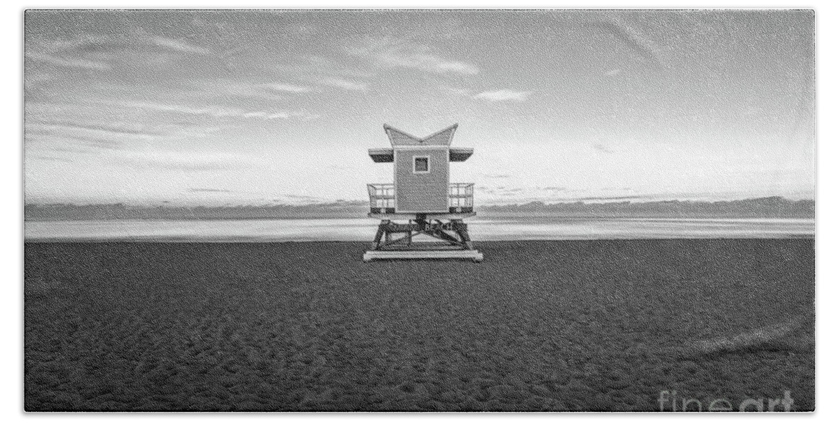 2022 Beach Towel featuring the photograph Miami Beach 3rd Street Lifeguard Tower Black and White Photo by Paul Velgos