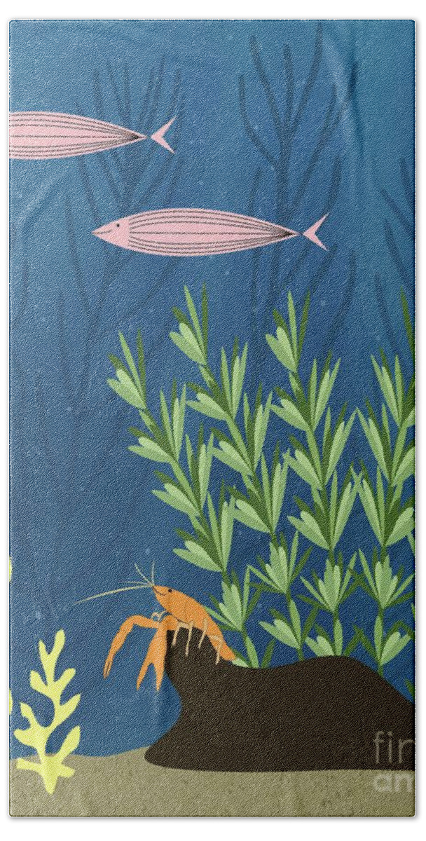 Mid Century Beach Towel featuring the digital art Mid Century Aquarium with Lobster by Donna Mibus