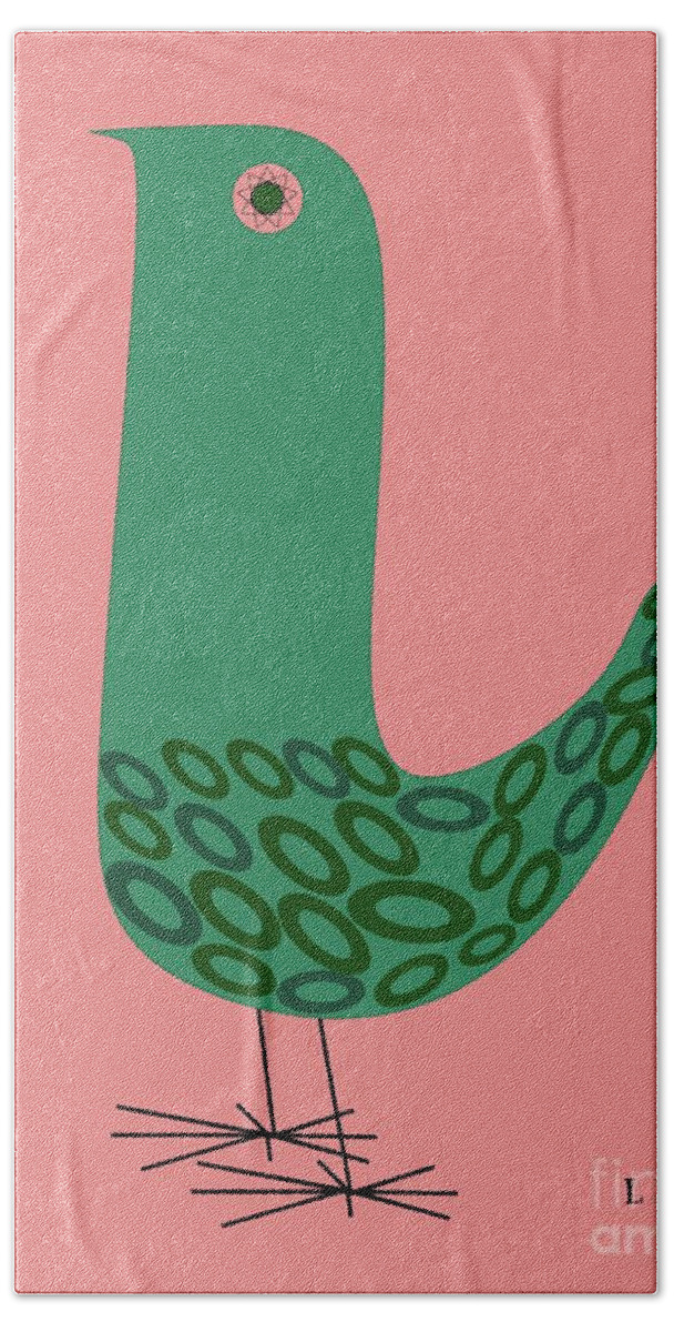 Mid Century Modern Beach Towel featuring the digital art Mid Century Bird in Pink by Donna Mibus