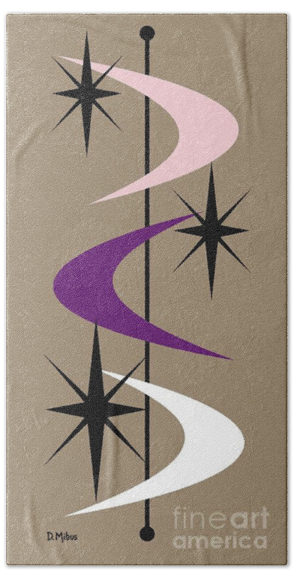  Beach Towel featuring the digital art Mid Century Boomerangs Purple Pink White by Donna Mibus