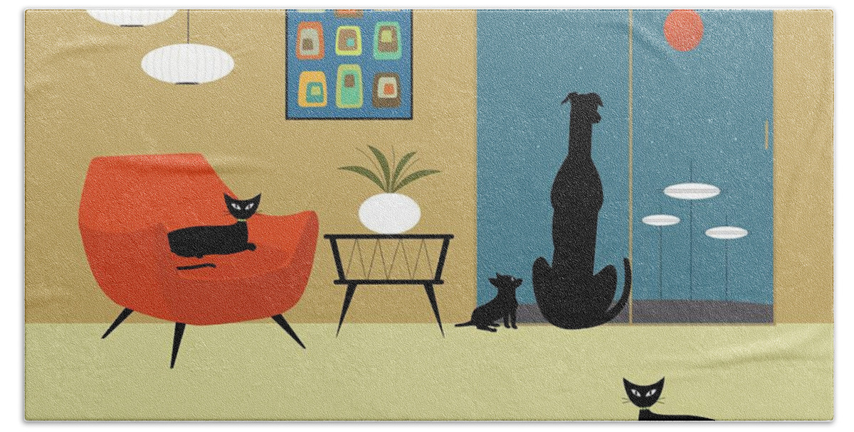 Mid Century Cat Beach Towel featuring the digital art Mid Century Cats and Dogs by Donna Mibus