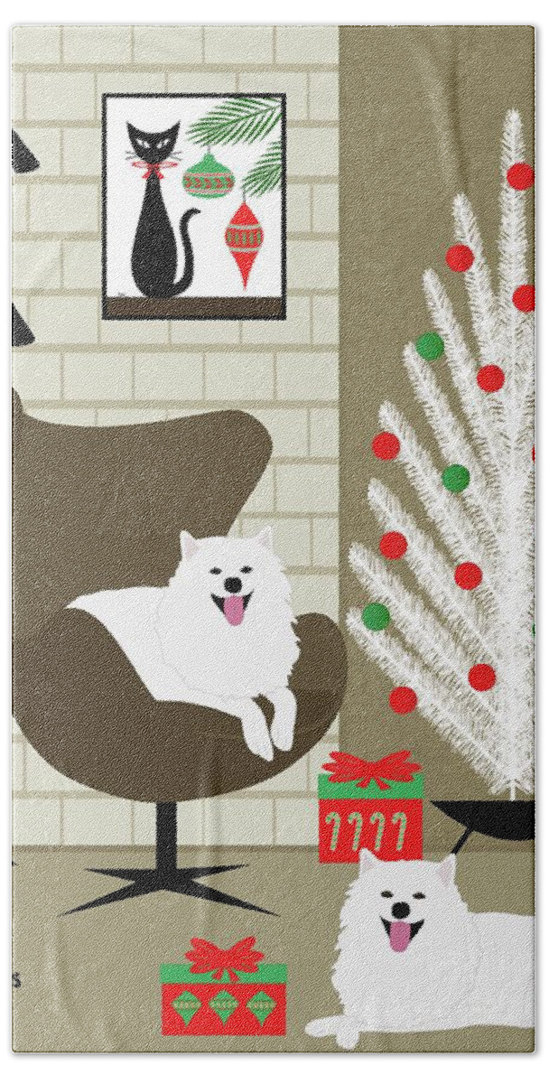 Mid Century Modern Beach Towel featuring the digital art Mid Century Holiday Room with Two White Dogs by Donna Mibus