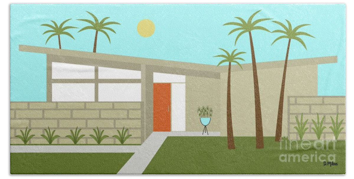Mcm Beach Towel featuring the digital art Mid Century Modern House in Tan by Donna Mibus