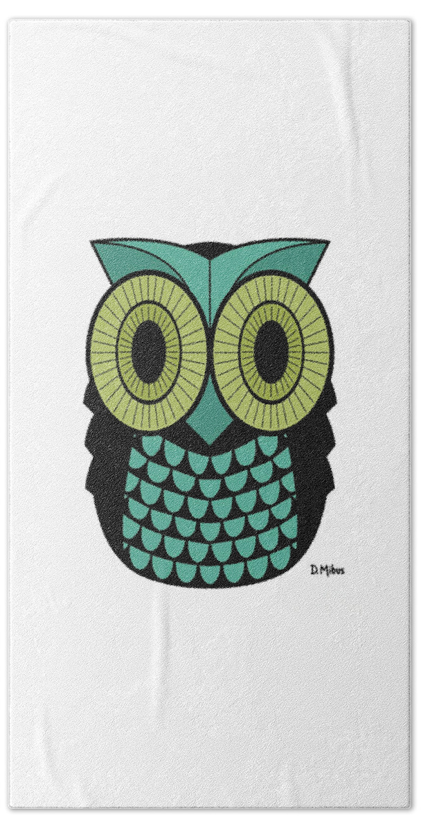Owl Beach Towel featuring the digital art Mid Century Owl in Teal and Green by Donna Mibus