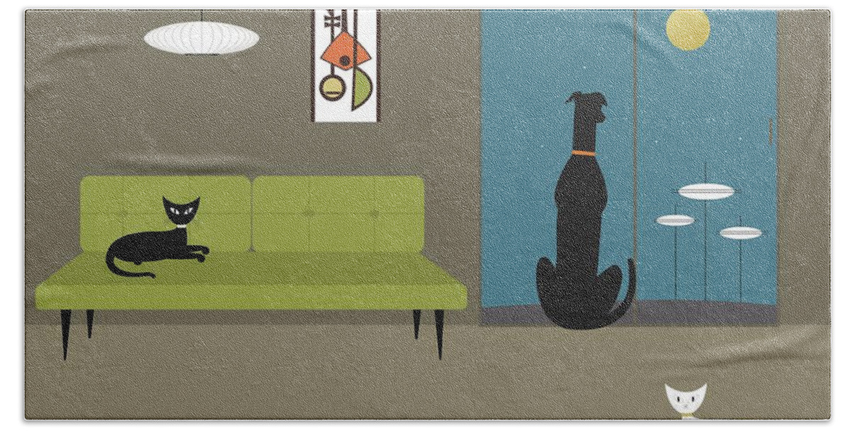 Mid Century Modern Beach Towel featuring the digital art Mid Century Room with Dog and Cats by Donna Mibus