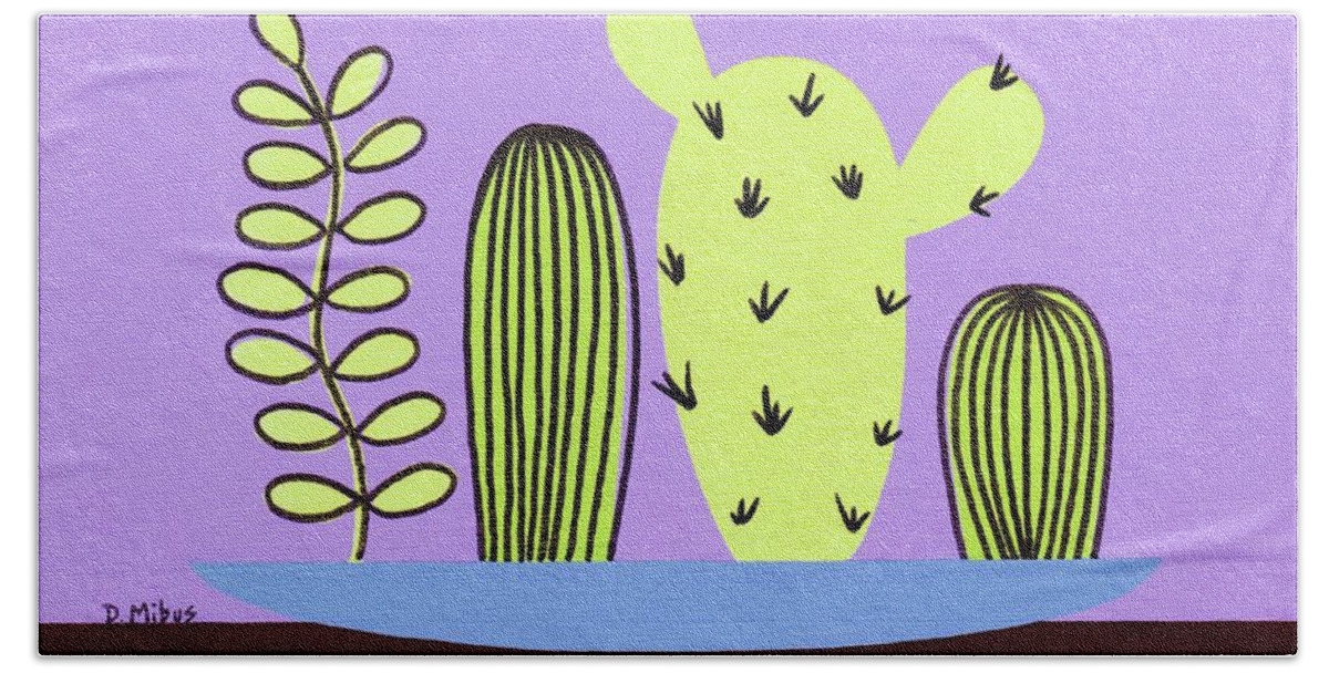 Mid Century Modern Beach Towel featuring the painting Mid Century Tabletop Cactus by Donna Mibus