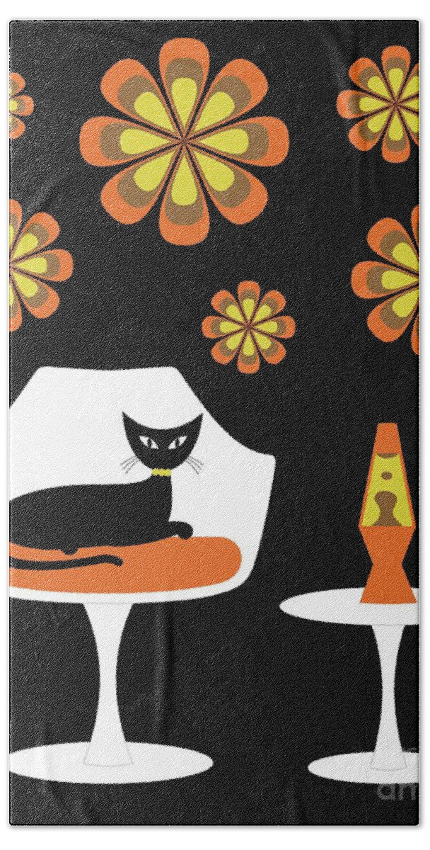 Mid Century Cat Beach Towel featuring the digital art Mid Century Tulip Chair with Orange Mod Flowers by Donna Mibus