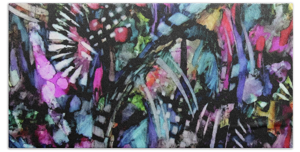 Abstract Beach Towel featuring the mixed media Midnight Jungle Garden by Jean Batzell Fitzgerald