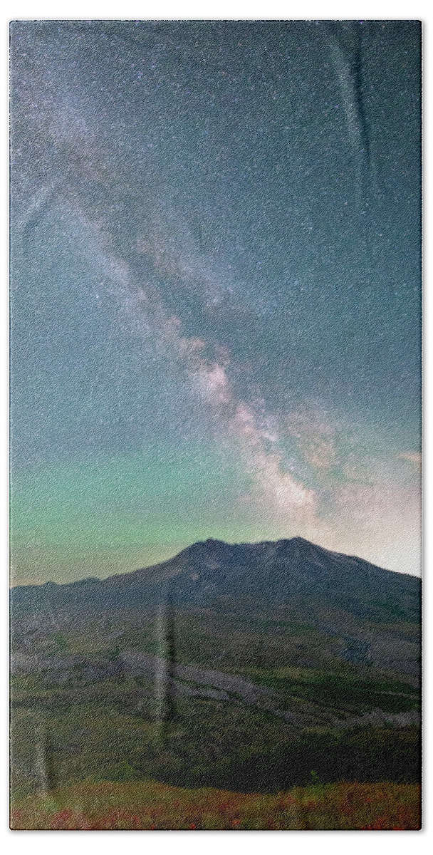Outdoor; Nigh Photography; Milky Way; Mt St. Helens; Flowers; Washington Beauty Beach Towel featuring the digital art Milky Way in Mt St. Helens by Michael Lee