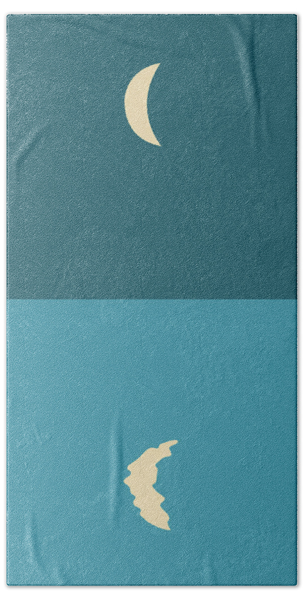 Moon Beach Towel featuring the mixed media Minimal Crescent Moon Reflection - Modern, Contemporary Abstract Print - Zen, Contemplative - Blue by Studio Grafiikka