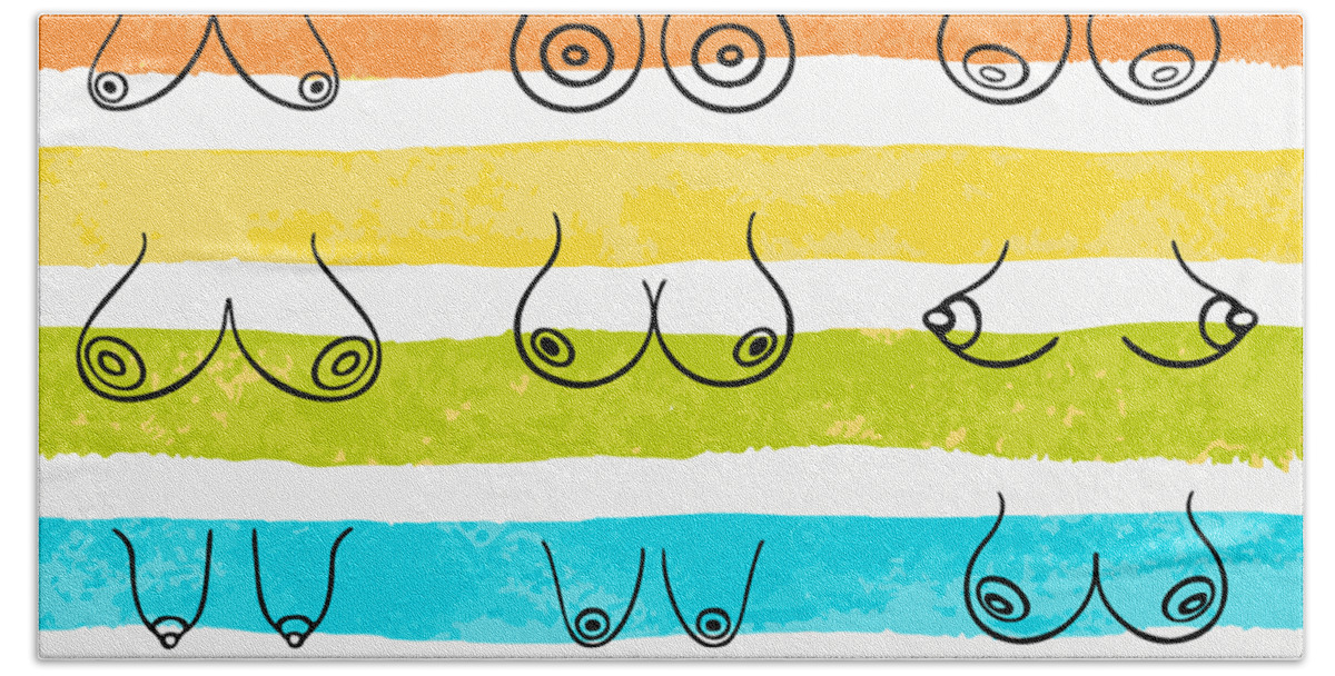 Minimal female breast size feminine body front view different boobs form  Watercolor rainbow stripes Beach Towel