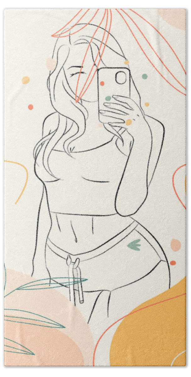 Happy Beach Towel featuring the drawing Minimalist Sexy Young Woman Taking A Selfie, Minimal Floral Ornament And Abstract Shapes, Hand Drawn by Mounir Khalfouf