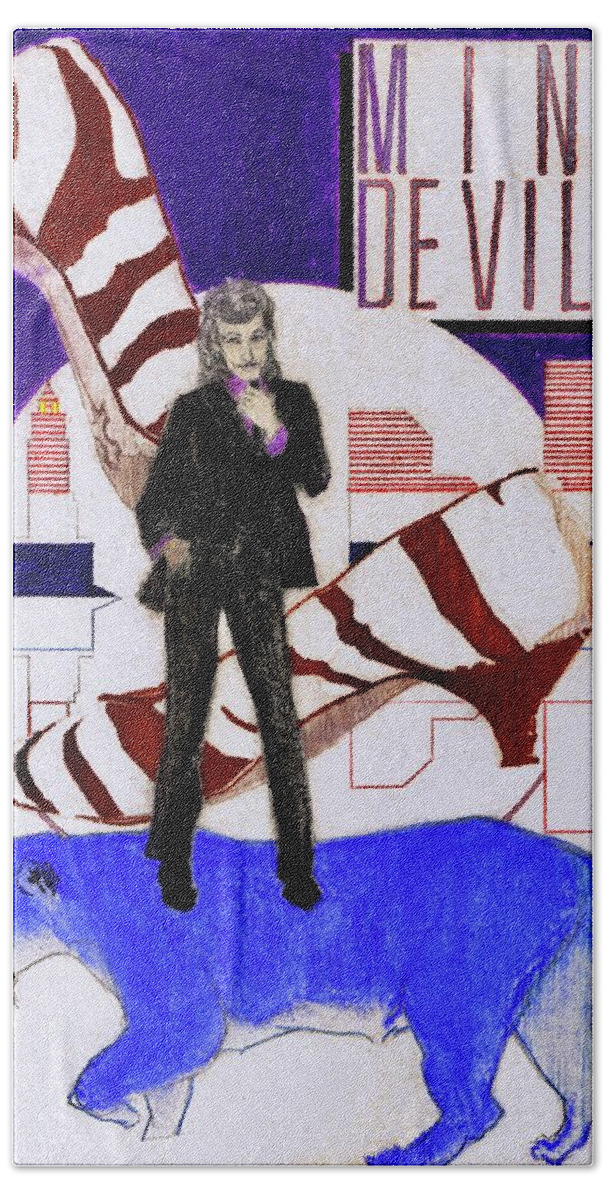 Willy Deville Beach Towel featuring the drawing Mink DeVille - Le Chat Bleu by Sean Connolly