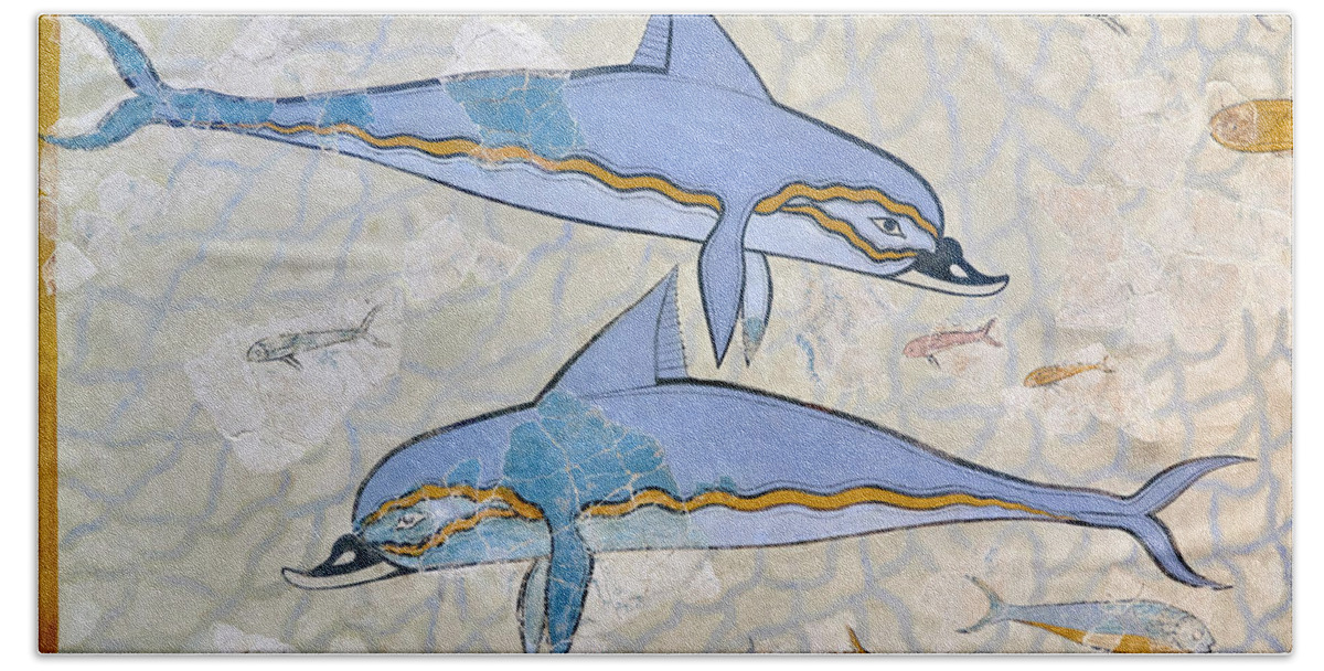 Minoan Fresco Beach Towel featuring the painting Minoan Dolphin Fresco - Knossos Palace - 1600-1450 BC - Heraklion Archaeological Museum by Paul E Williams
