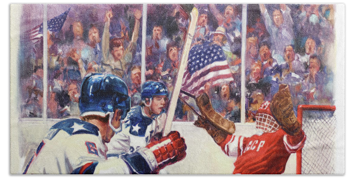 Dennis Lyall Beach Towel featuring the painting Miracle On Ice - USA Olympic Hockey Wins Over USSR by Dennis Lyall