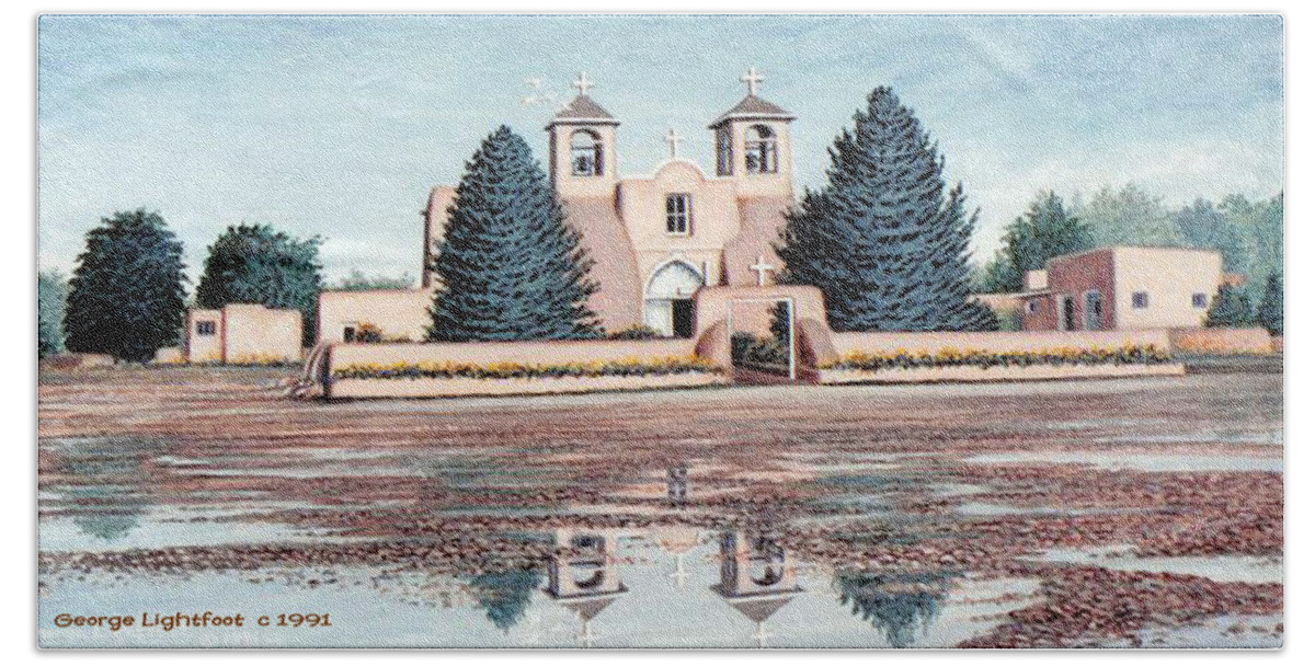 Architectural Landscape Beach Towel featuring the painting Mission at Taos New Mexico - Front View by George Lightfoot