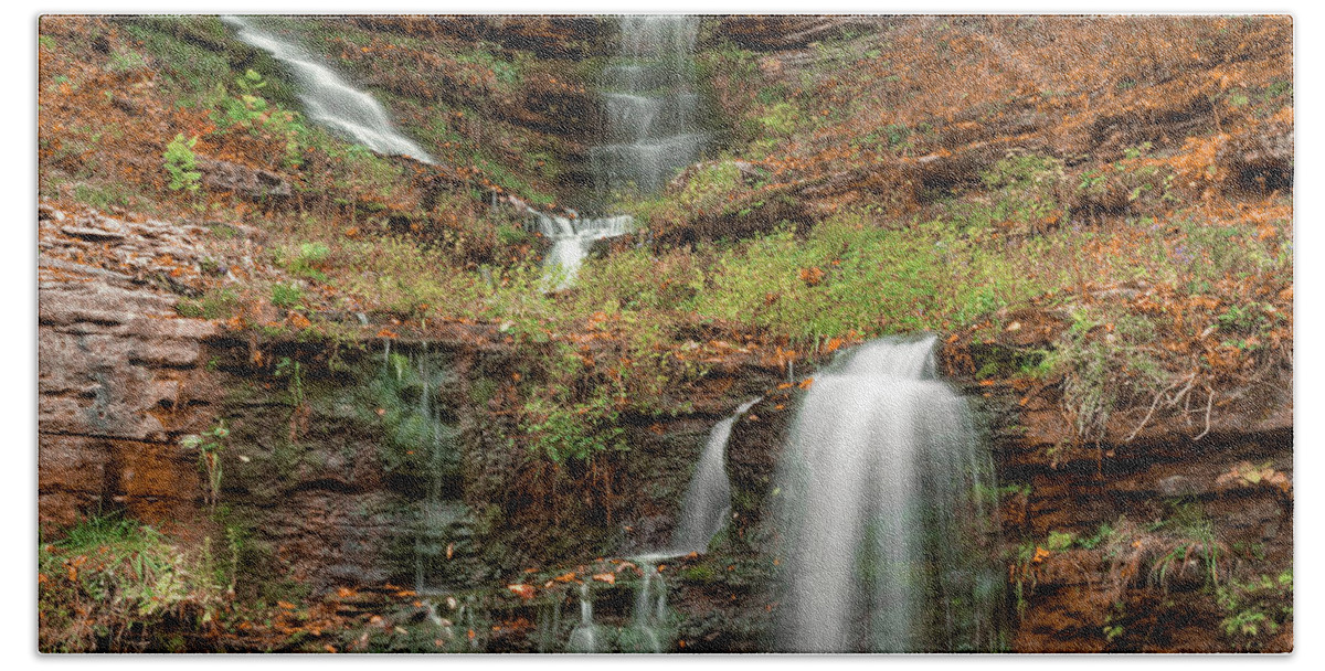 Waterfall Landscape Beach Towel featuring the photograph Missouri's Thunder Falls Triple Waterfall by Gregory Ballos