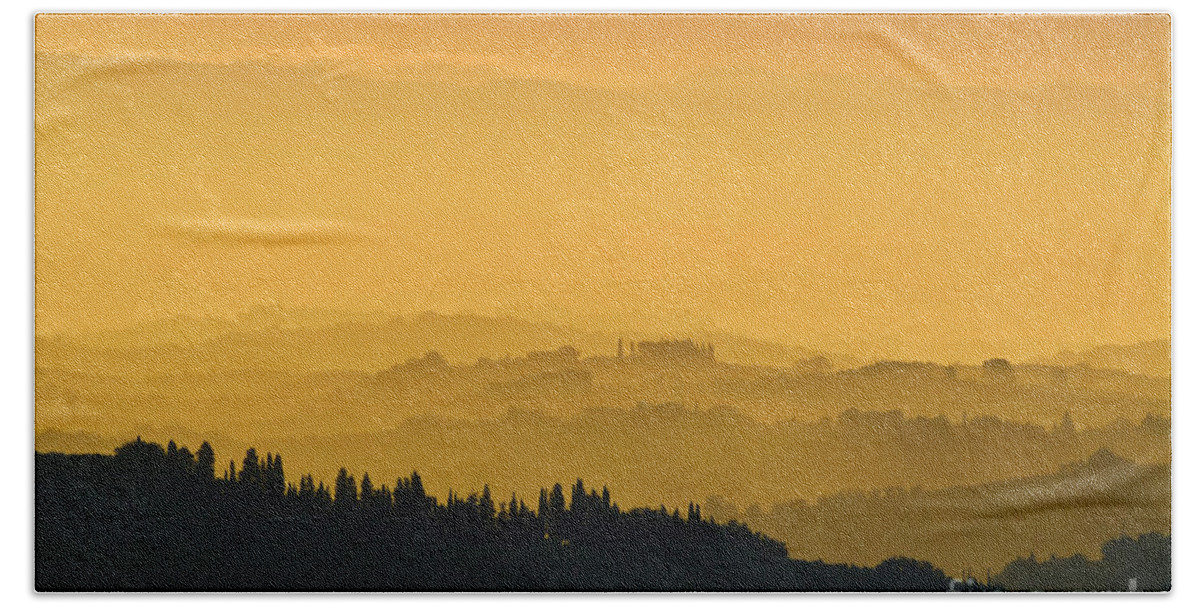 Tuscany Landscape Beach Towel featuring the photograph Misty morning sunrise, Tuscany, Italy by Neale And Judith Clark