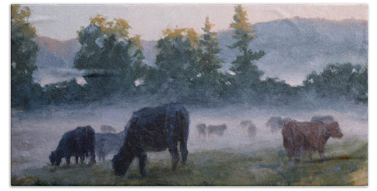 Landscape Beach Towel featuring the painting Misty Pastures by Viktoria K Majestic