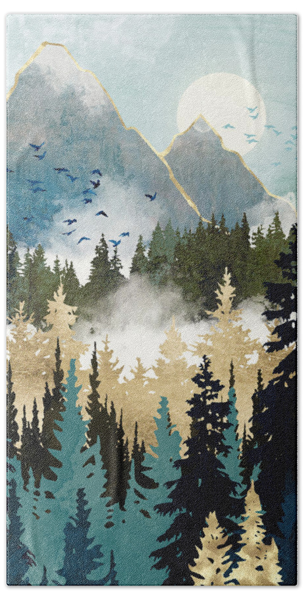 Mist Beach Towel featuring the digital art Misty Pines by Spacefrog Designs