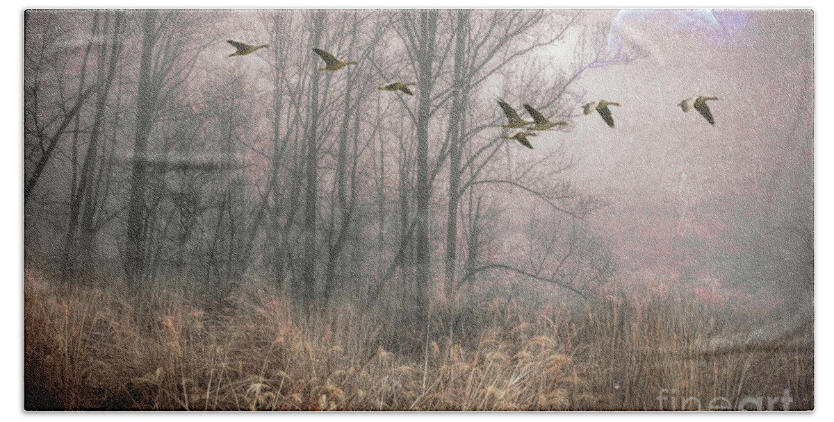 Ne Colorado Beach Towel featuring the digital art Misty pink with Geese by Deb Nakano