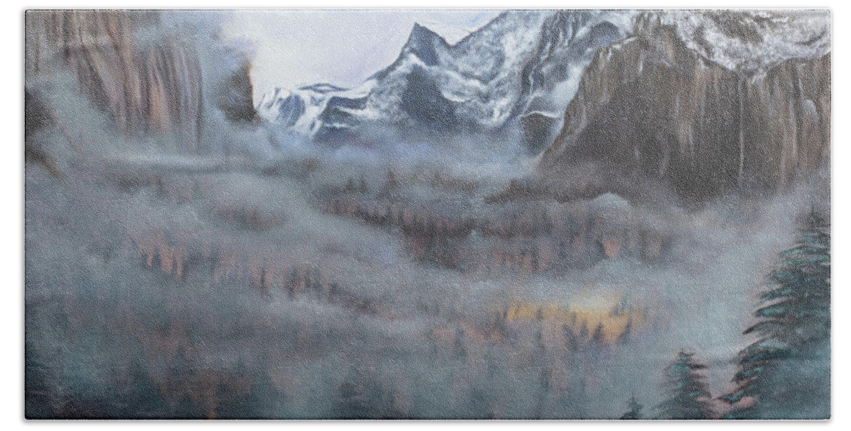 Yosemite Beach Towel featuring the painting Misty Vale by Neslihan Ergul Colley