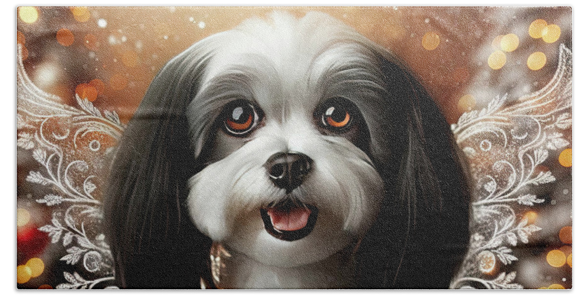 Angelic Dog Beach Towel featuring the digital art Mitzy Heavenly Christmas by Bill and Linda Tiepelman