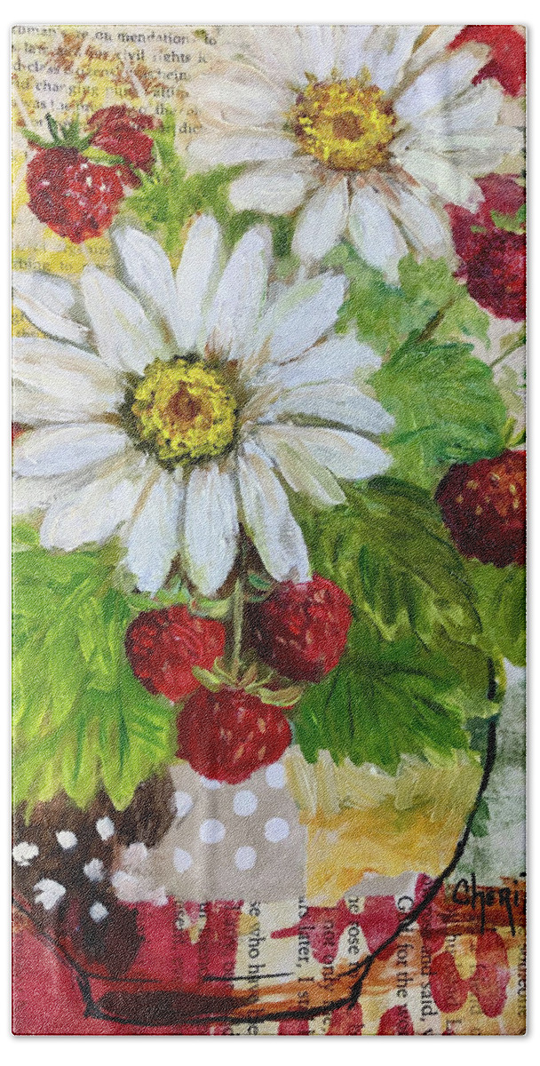 Strawberry Painting Beach Towel featuring the painting Mixed Media Daisies And Strawberries by Cheri Wollenberg