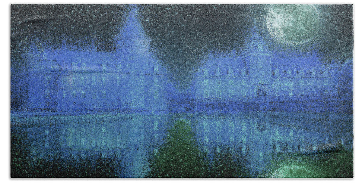 Castle Beach Towel featuring the painting Moated castle on a moonlit night by Alex Mir