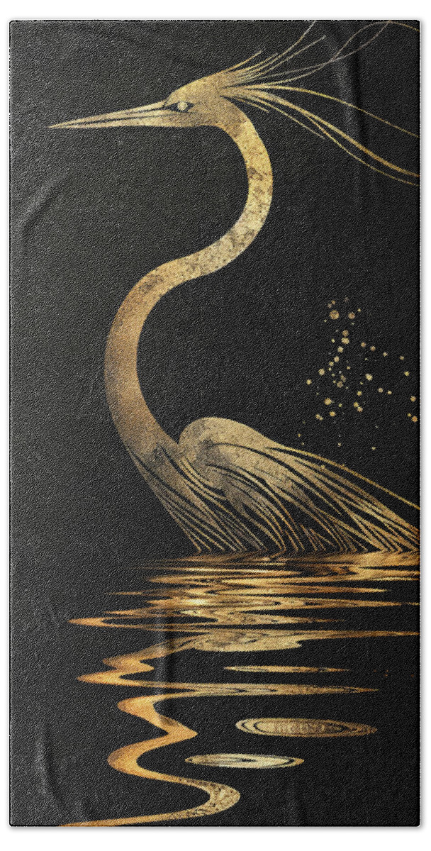 Heron Beach Towel featuring the painting Modern Heron in Black and Gold by Lourry Legarde