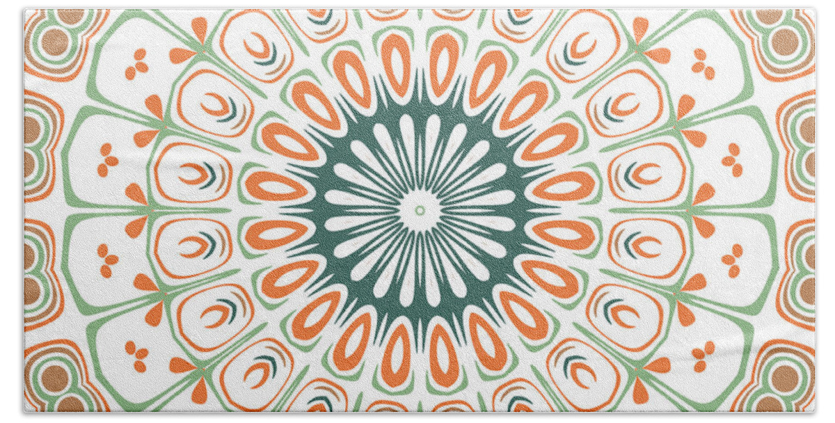 Orange Beach Towel featuring the digital art Modern Mandala Kaleidoscope Medallion Design by Mercury McCutcheon