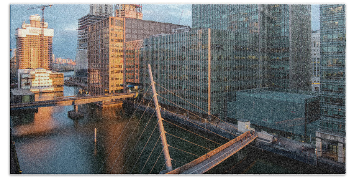 Canary Wharf Beach Towel featuring the photograph Modern office building in the Canary Wharf financial centre in the evening. London united kingdom by Michalakis Ppalis