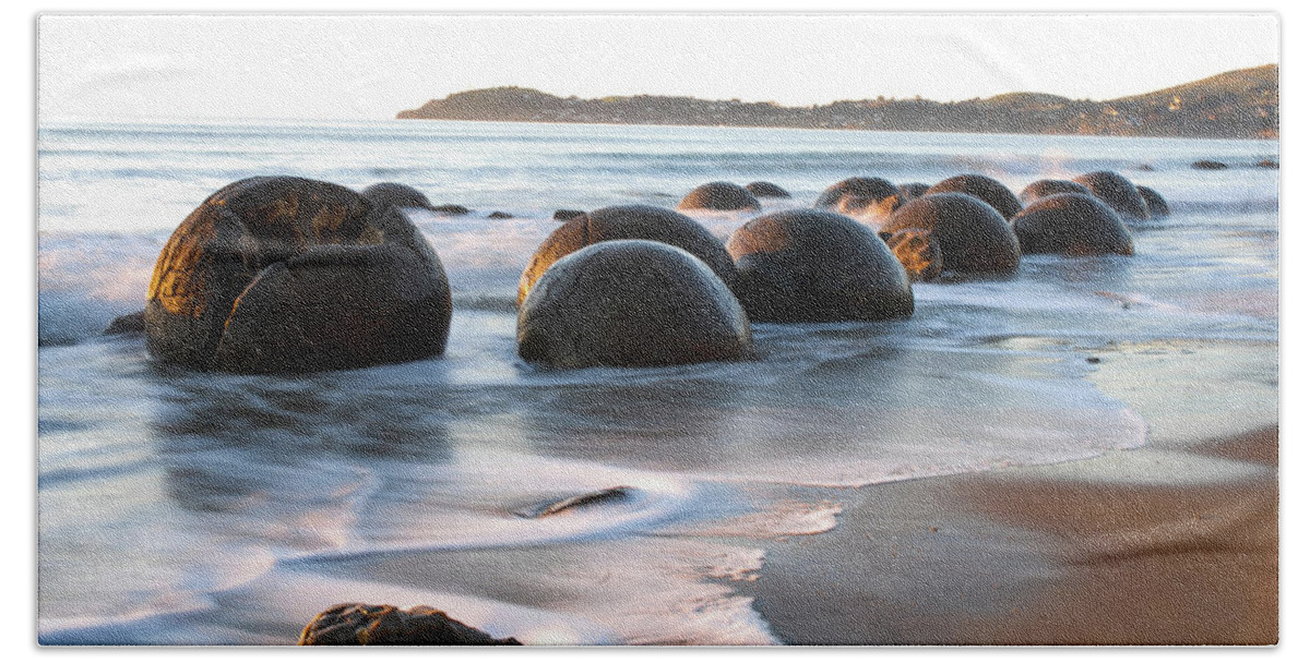 Moeraki Beach Towel featuring the photograph Tranquility - Moeraki Boulders, South Island. New Zealand by Earth And Spirit