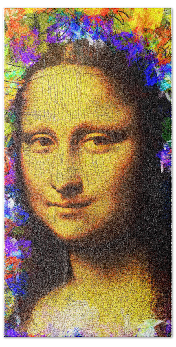 Mona Lisa Beach Towel featuring the digital art Mona Lisa golden colorful portrait - digital recreation by Nicko Prints