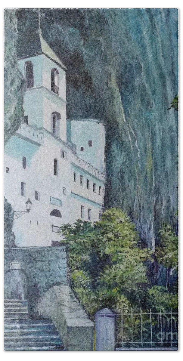Architecture Beach Towel featuring the painting Monastery Ostrog Montenegro by Sinisa Saratlic