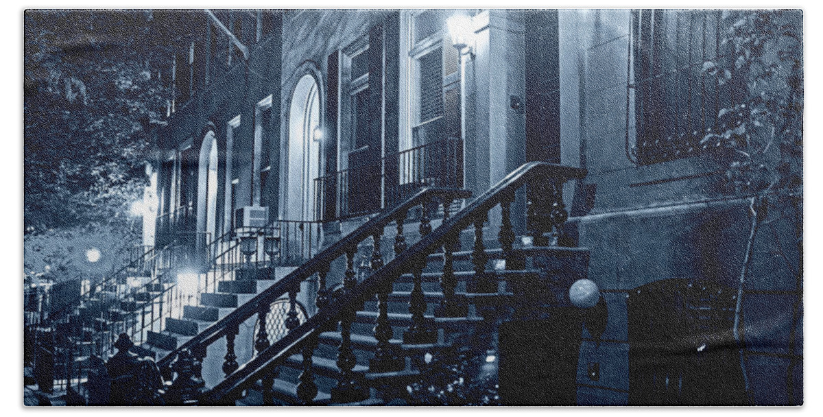 New Beach Towel featuring the photograph Monochrome Blue Nights New York City Brownstones Hell's Kitchen Chelsea NY by Toby McGuire