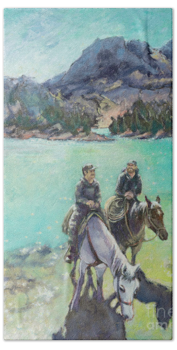 Montana Beach Towel featuring the painting Montana on Horseback by PJ Kirk
