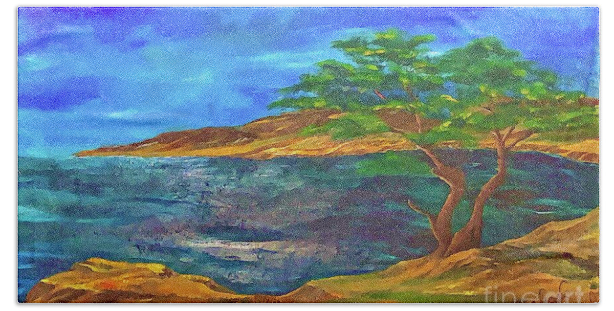 Monterey Cypress Beach Towel featuring the painting Monterey Bay by Michael Silbaugh