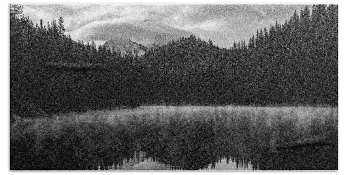 Moody Black And White Lake Reflection Beach Towel featuring the photograph Moody Black And White Lake Reflection by Dan Sproul