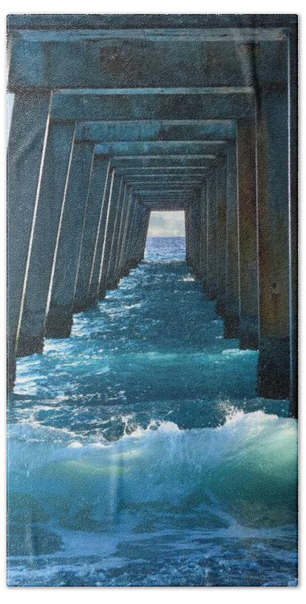 Pier Beach Towel featuring the photograph Moody Blue Under the Pier by Rebecca Herranen
